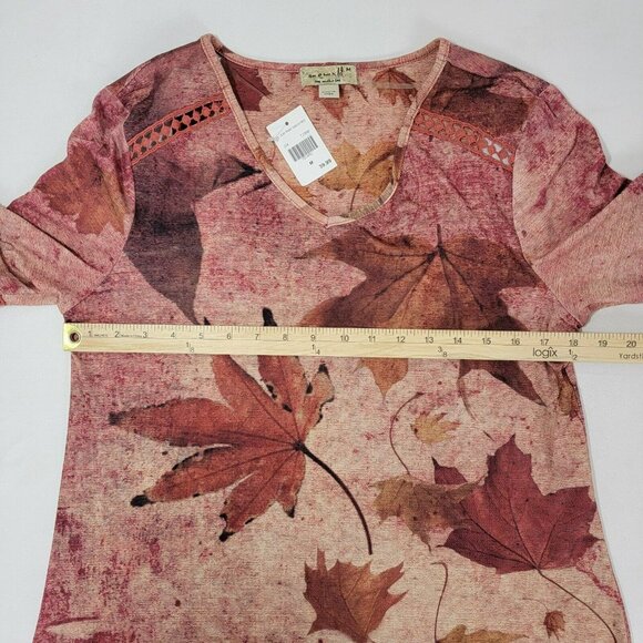 One World Leaf Print Dress Red M Medium Women's NEW long sleeve embroidered - Picture 8 of 11